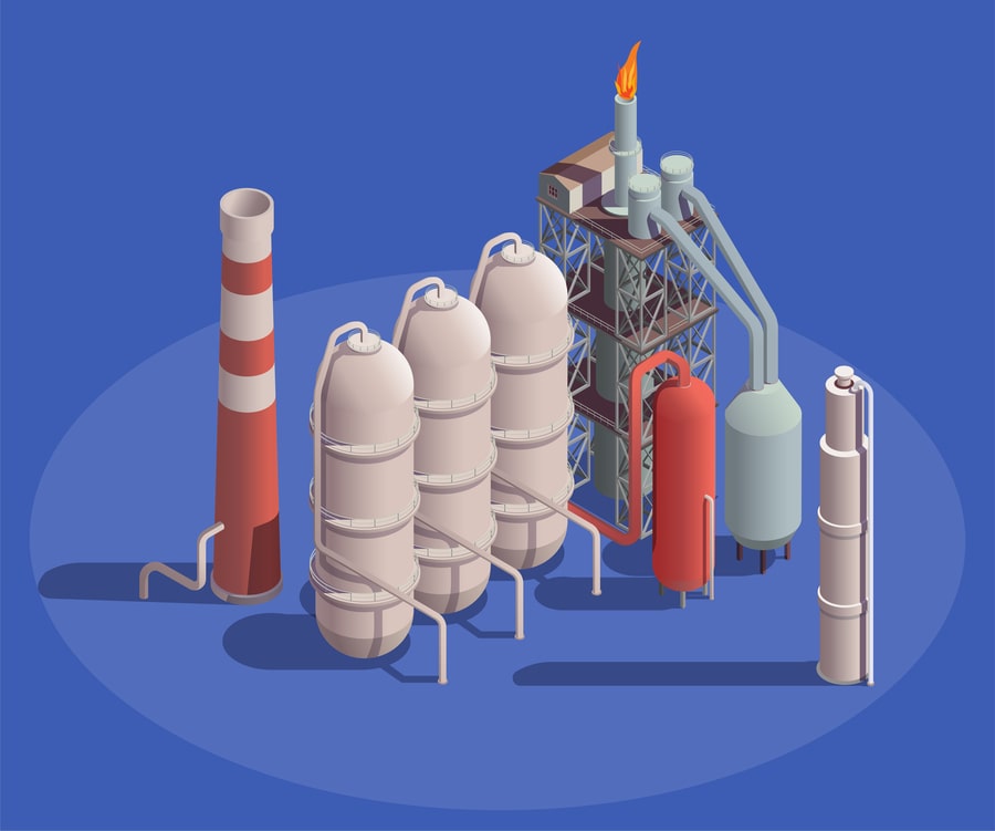 Modèle 3D isométrique d'usine de production de gaz avec réservoirs et cheminées, infrastructure d'un bon fournisseur de propane