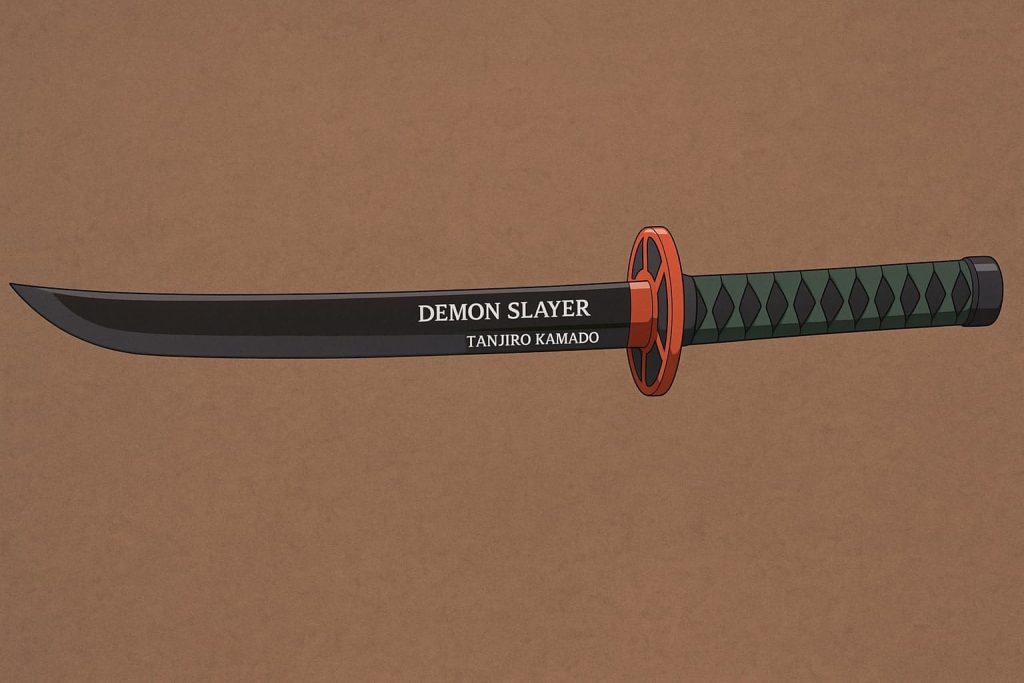 Un katana noir de Demon Slayer avec l'inscription "Demon Slayer Tanjiro Kamado" sur la lame.