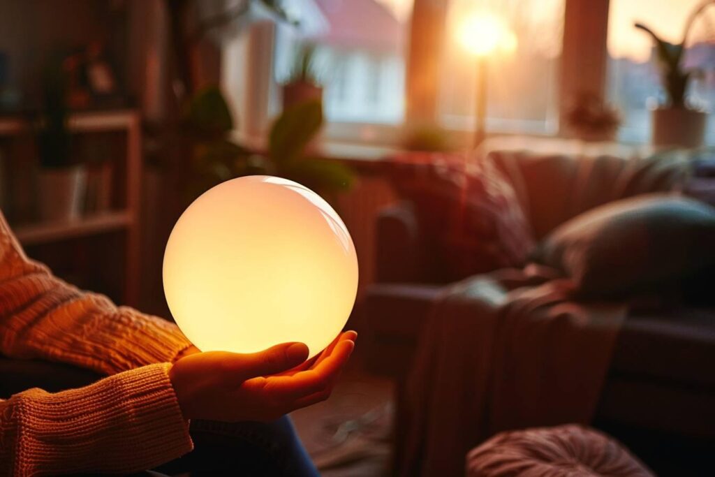 Une main tient une lampe de luminothérapie en forme de sphère dans un salon au coucher du soleil.