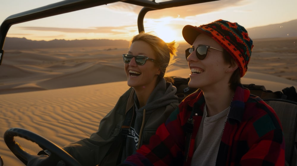 Deux amies rient lors d'un safari à Dubai en buggy dans les dunes au coucher du soleil.