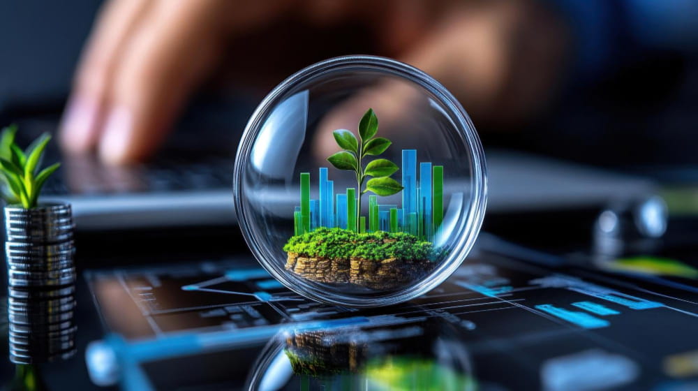 Une jeune plante protégée dans une bulle de verre posée sur une tablette affichant des graphiques financiers liés à la fiscalité environnementale