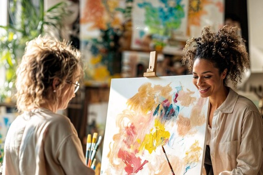 Deux femmes partagent un moment de connexion et de bien-être lors d'une séance d'Art therapy devant une toile abstraite.