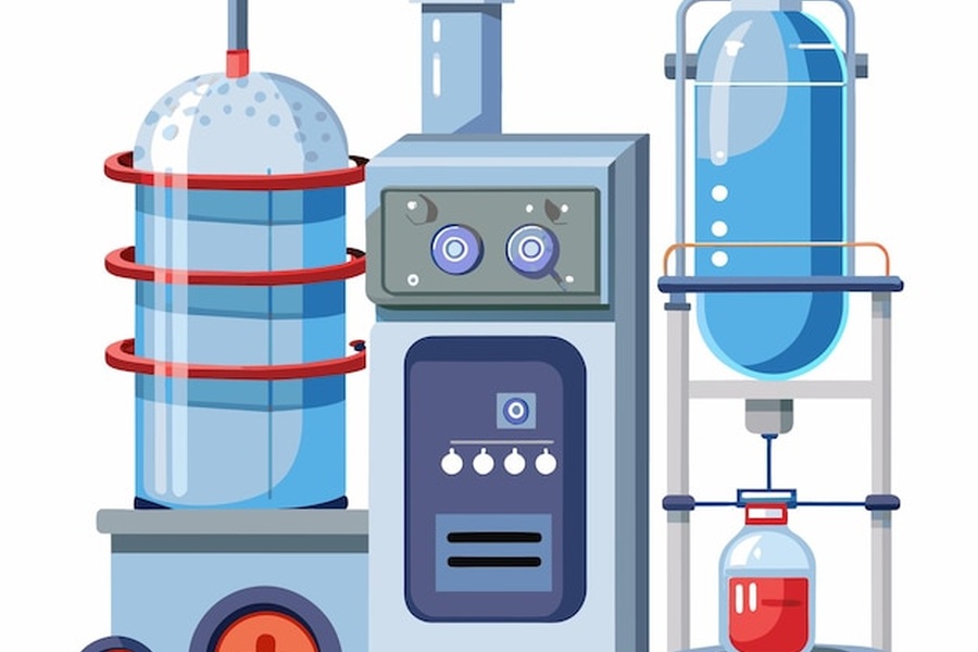 Un bioreactor de laboratoire moderne avec des réservoirs en verre contenant un liquide bleu bouillonnant et une console de commande.