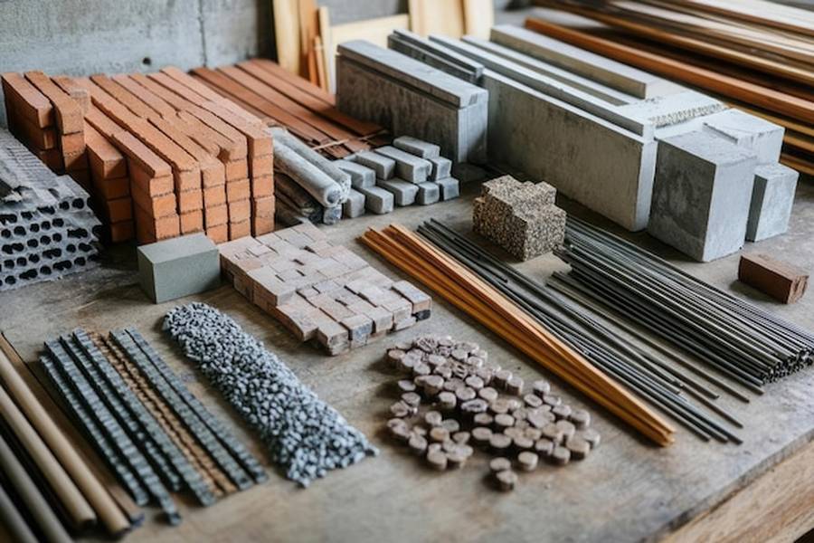 Un assortiment varié de building materials comprenant des briques, des blocs de béton et des tiges métalliques sur un établi.