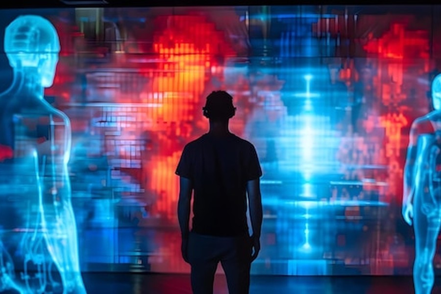 Un homme silhouette face à un mur de données lumineuses représentant les digital boundaries au sein d'un univers cybernétique.