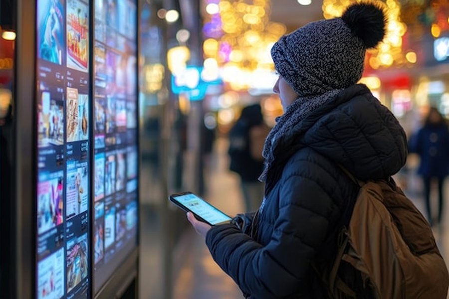 Une femme en tenue d'hiver consulte un digital directory interactif dans un centre commercial.