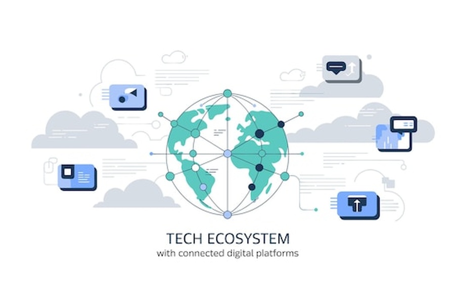 Un réseau mondial interconnecté représentant un digital ecosystem avec diverses plateformes technologiques.