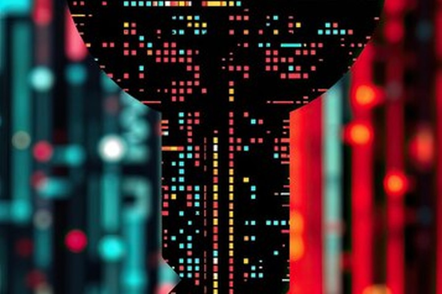 Un flux de données cryptées et de pixels dynamiques illustrant les risques liés au digital key hacking.