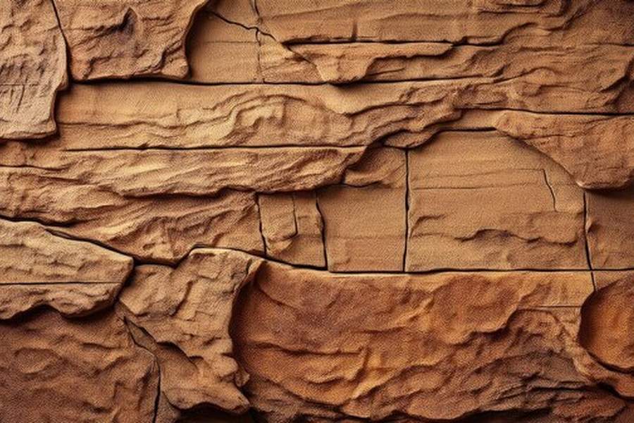 Une surface texturée en relief évoquant un Earth wall aux strates horizontales marquées et aux nuances de terre brune.
