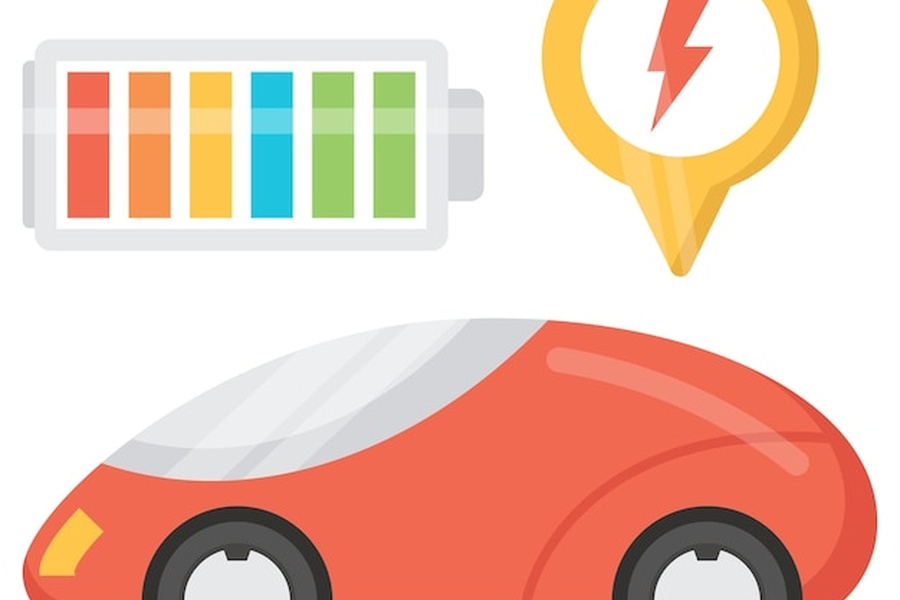 Une voiture électrique rouge futuriste accompagnée d'un indicateur de charge coloré pour surveiller l'Electric car battery health.