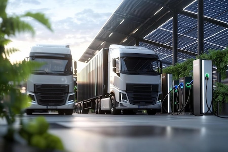 Plusieurs camions électriques blancs stationnés à des bornes de recharge sous un toit de panneaux solaires pour une Green fleet performante.