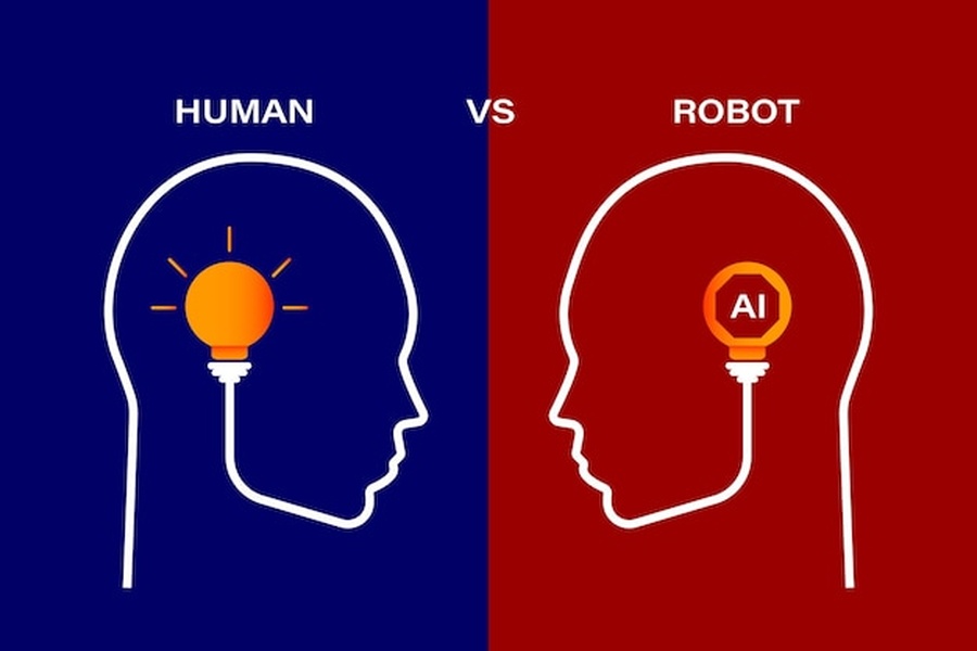 Deux profils de têtes se faisant face, l'une humaine avec une ampoule lumineuse et l'autre robotique avec un logo d'intelligence artificielle, illustrant le concept de Intuition vs AI.