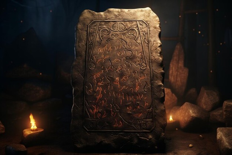 Une stèle ancienne en pierre gravée de runes rouges incandescentes, une mystical tablet posée dans une grotte sombre éclairée par des bougies.