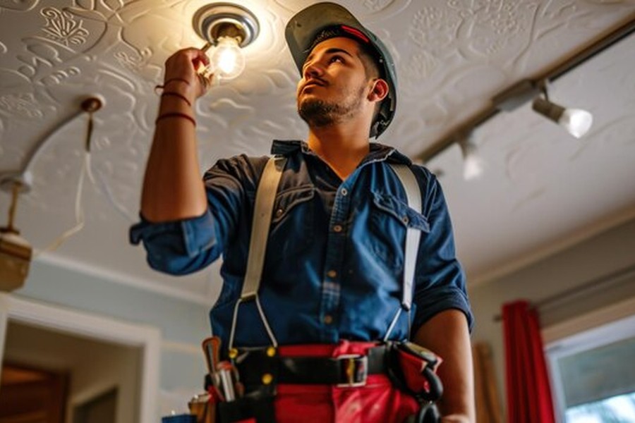 Un jeune residential electrician professionnel installe avec soin une ampoule sur un plafond orné.