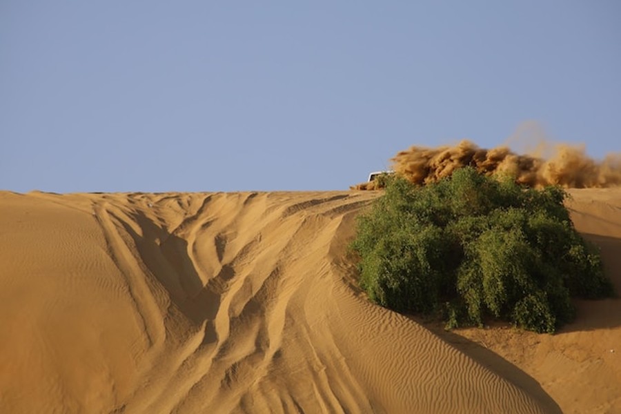 Un véhicule tout-terrain soulève un immense nuage de sable en franchissant une crête dans le Saudi Arabia desert.