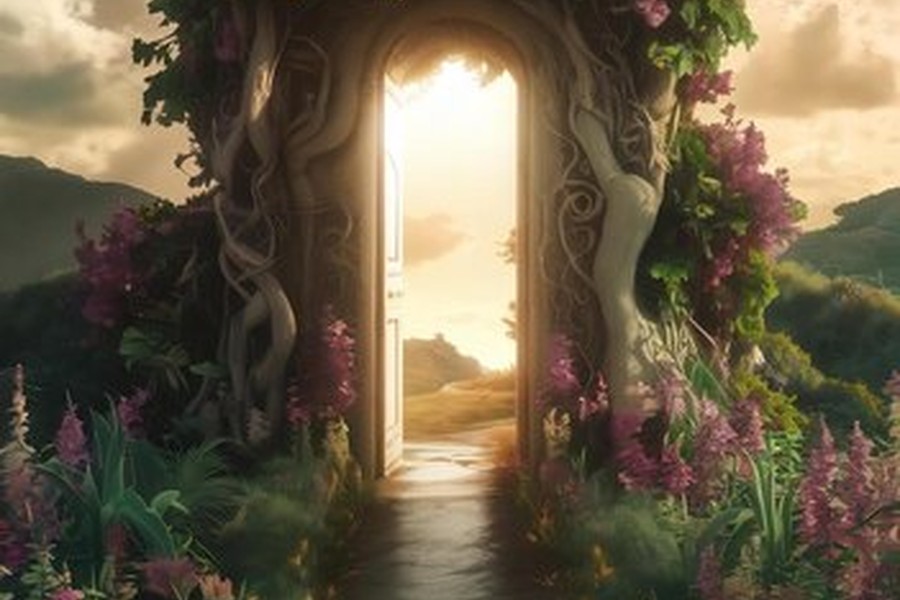 Une porte de racines et de fleurs mauves s'ouvre sur le paysage ensoleillé d'un secret paradise.