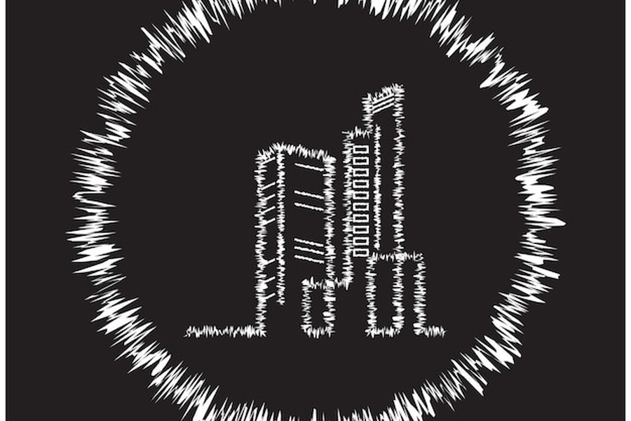 Des bâtiments urbains stylisés entourés par une onde sonore circulaire représentant un Soundwave lock.