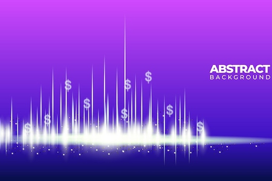 Une onde sonore lumineuse parsemée de symboles dollar sur un dégradé violet, évoquant le concept de Soundwave money.
