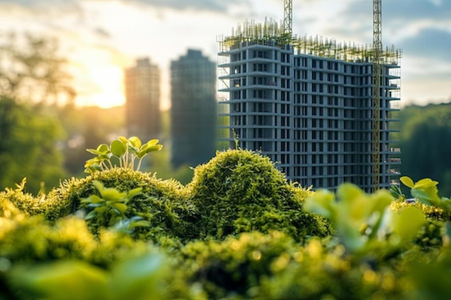 Un immeuble moderne en cours de développement s'élève derrière une végétation luxuriante, illustrant l'intégration de la sustainable construction en ville.