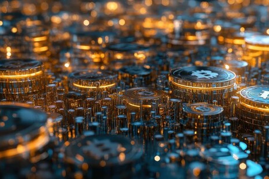 Des jetons numériques lumineux représentant des Tokenized assets sur un circuit électronique complexe.