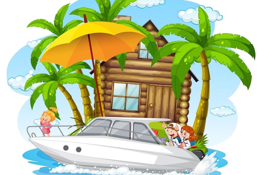 Des enfants joyeux naviguent sur un Tropical boat blanc devant une île paradisiaque avec des palmiers et un chalet en bois.