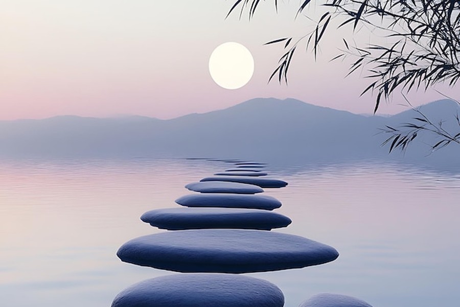 Un alignement de galets lisses sur une eau paisible sous un soleil radieux, créant un Zen landscape harmonieux.