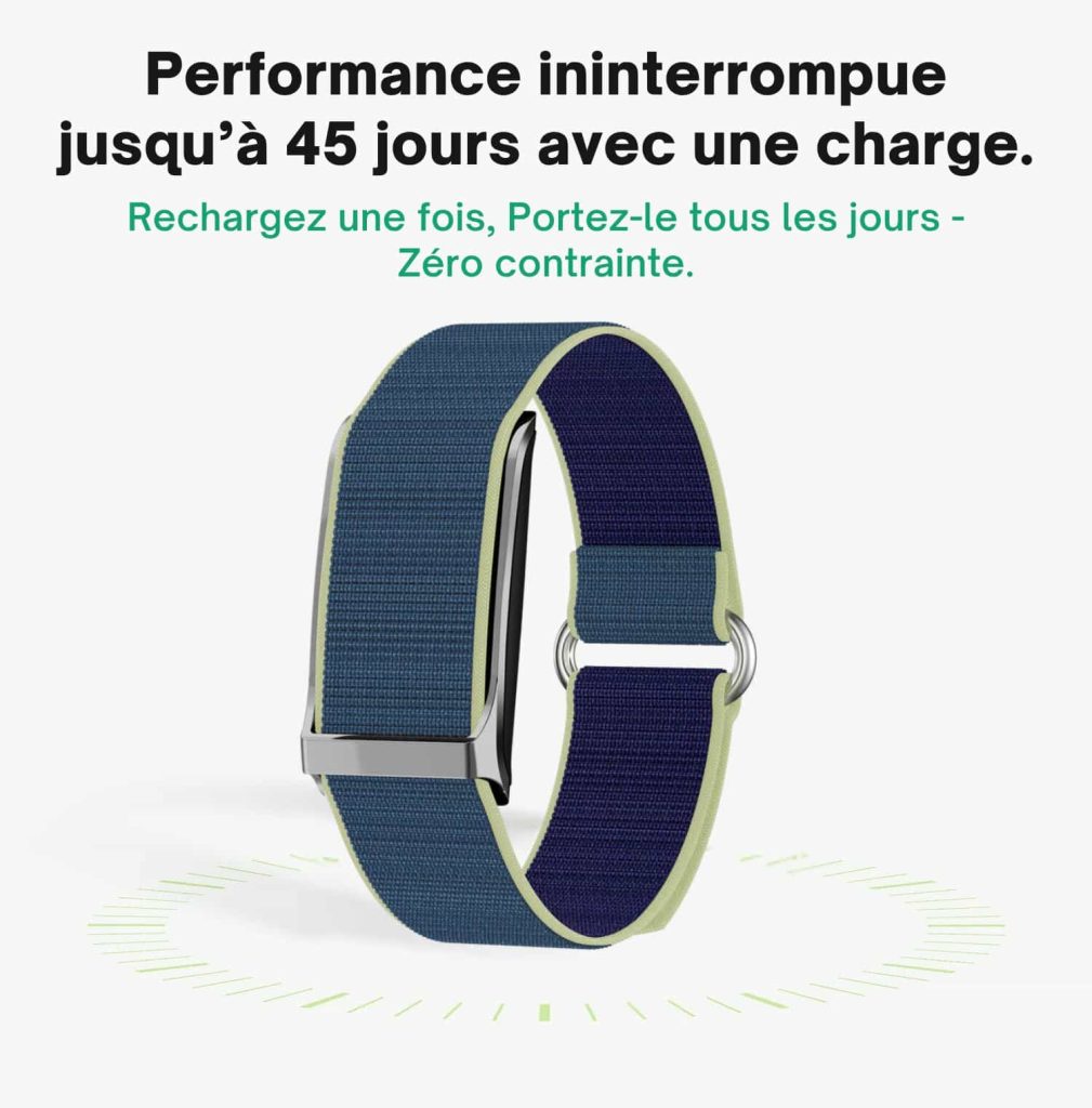 Montre connectée Bionny avec bracelet en nylon bleu affichant une autonomie de 45 jours, idéale pour un comparatif Bionny vs Whoop