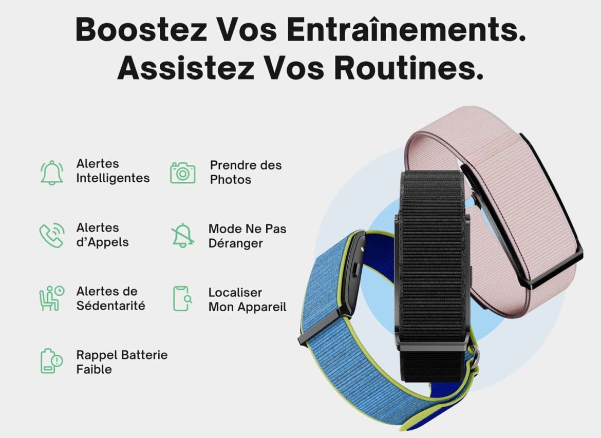 Comparatif des fonctionnalités intelligentes de la montre connectée Bionny vs Whoop sur un fond épuré avec trois coloris de bracelets