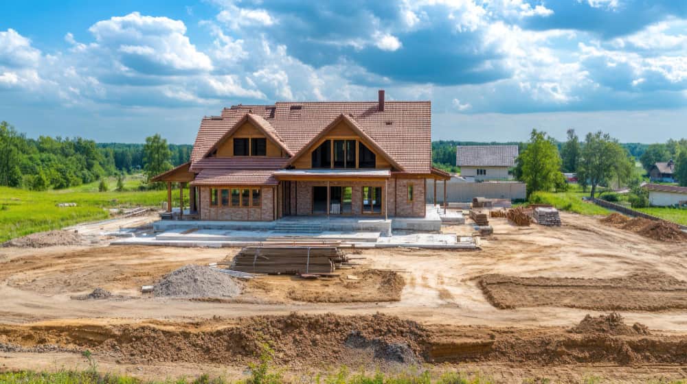 Maison moderne en fin de chantier sur une parcelle verdoyante, illustrant un projet de construction de maison avec terrain à Lorient