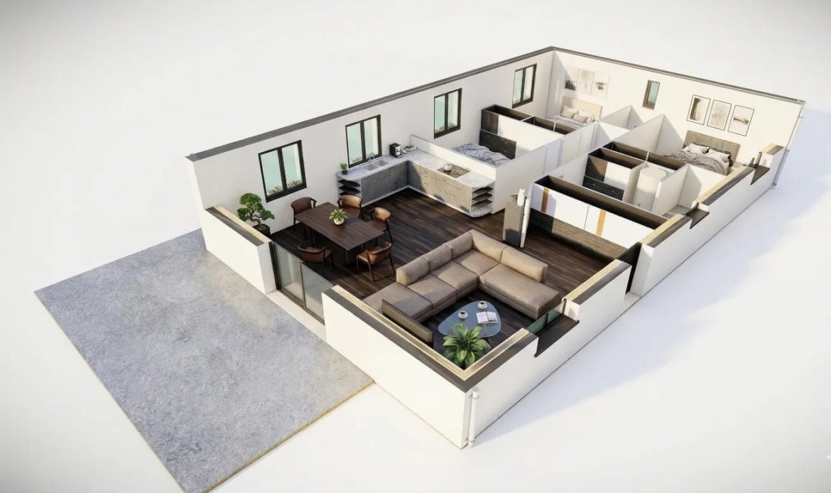 Modélisation 3D d'une maison moderne montrant l'aménagement intérieur pour un projet construction